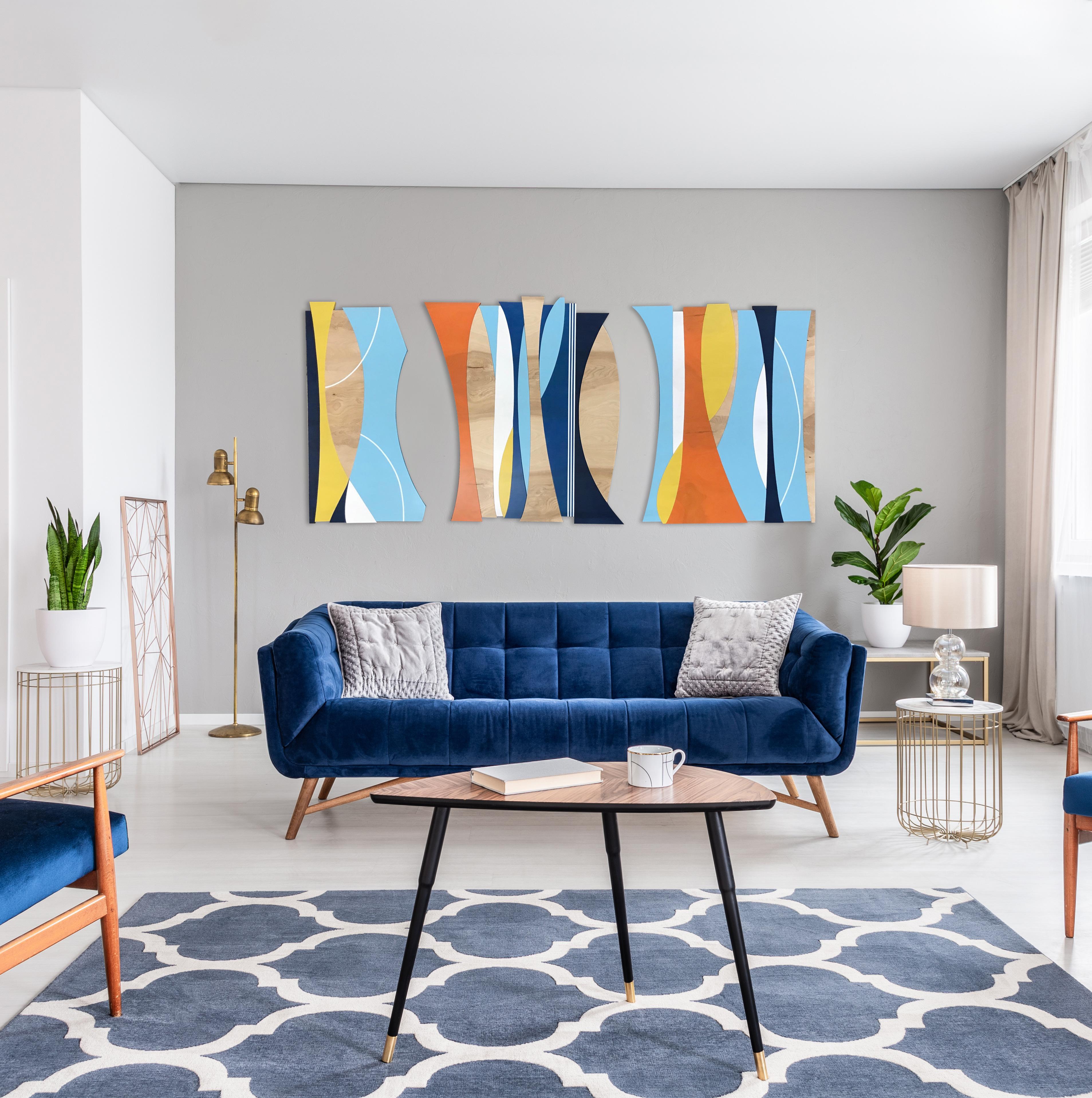 Sculpture murale « Arbres solaires » - MCM, bleu, jaune, blanc, bois, milieu du siècle en vente 3