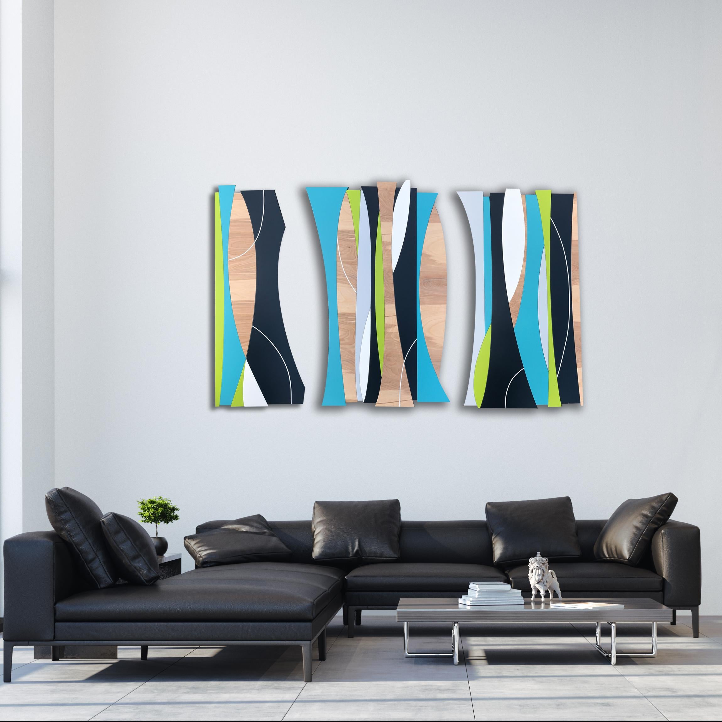 Sculpture murale « Arbres solaires » - MCM, bleu, jaune, blanc, bois, milieu du siècle en vente 4