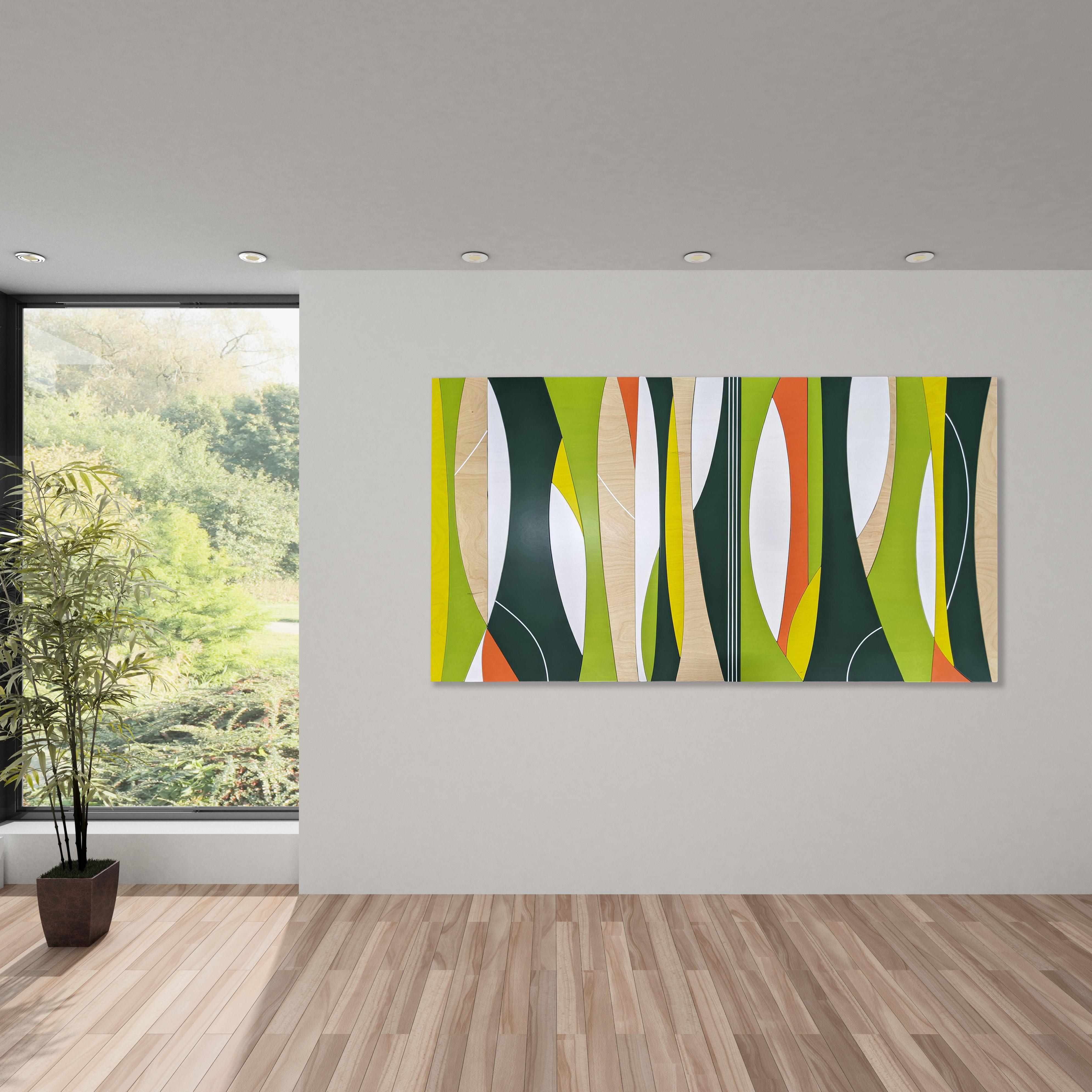 „Solar Trees“ Wandskulptur – MCM, grün, gelb, Holz, orange, Mitte des Jahrhunderts (Moderne), Mixed Media Art, von Scott Troxel