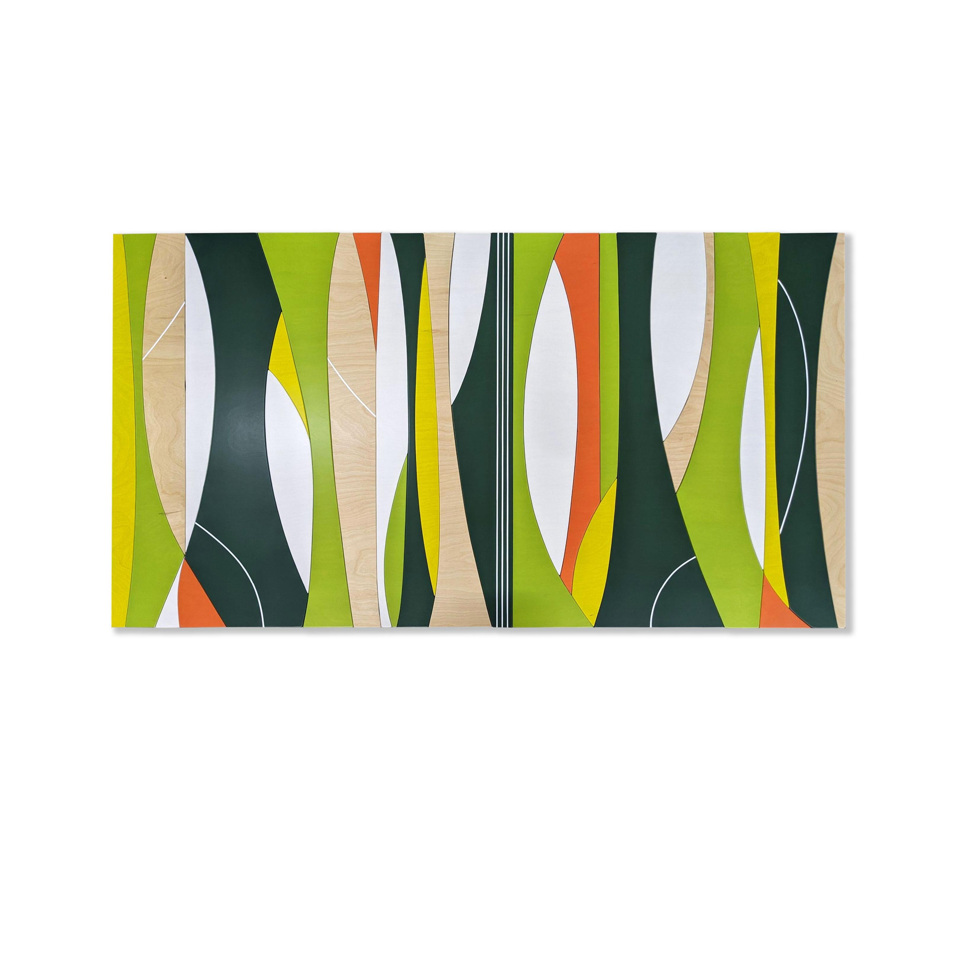 „Solar Trees“ Wandskulptur – MCM, grün, gelb, Holz, orange, Mitte des Jahrhunderts – Mixed Media Art von Scott Troxel