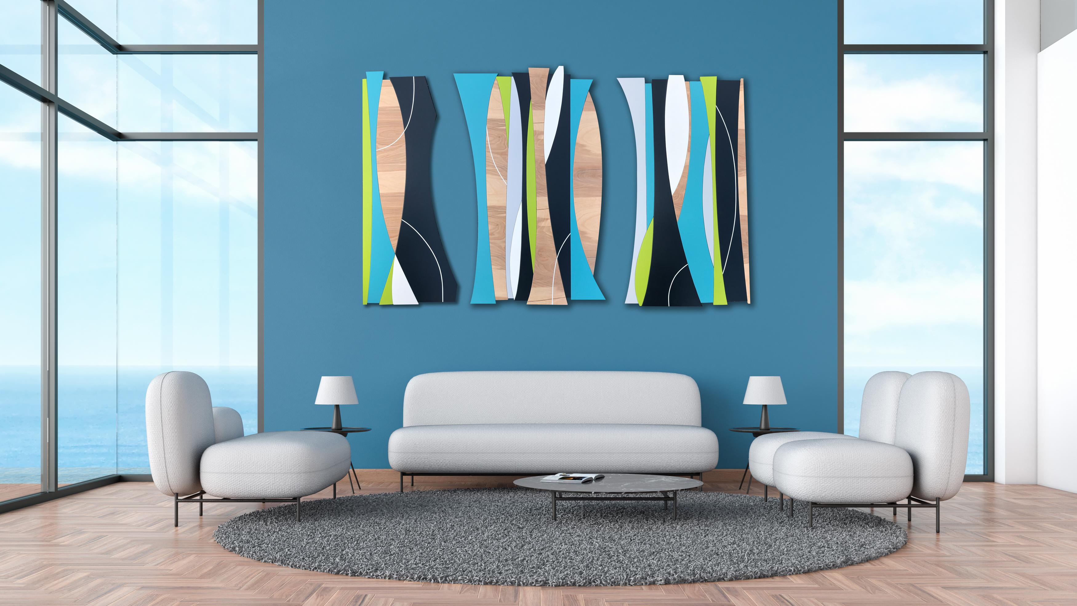 „Solar Trees“ Holz-Wandskulptur, Moderne der Mitte des Jahrhunderts, Kalk, Blau, Grau, Weiß im Angebot 4