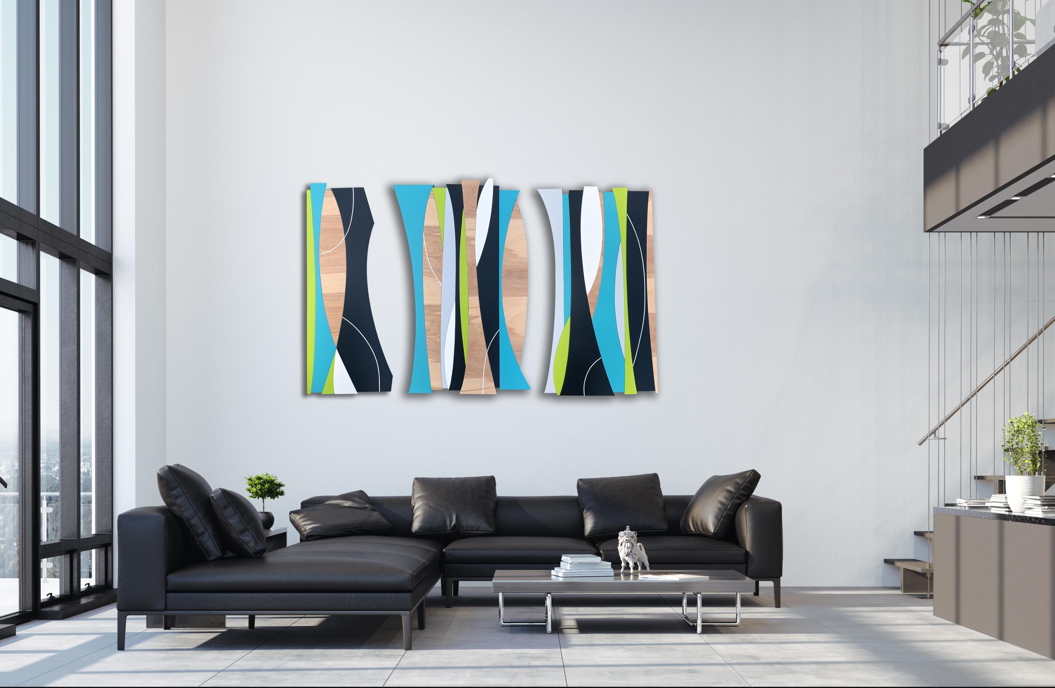 „Solar Trees“ Holz-Wandskulptur, Moderne der Mitte des Jahrhunderts, Kalk, Blau, Grau, Weiß im Angebot 5
