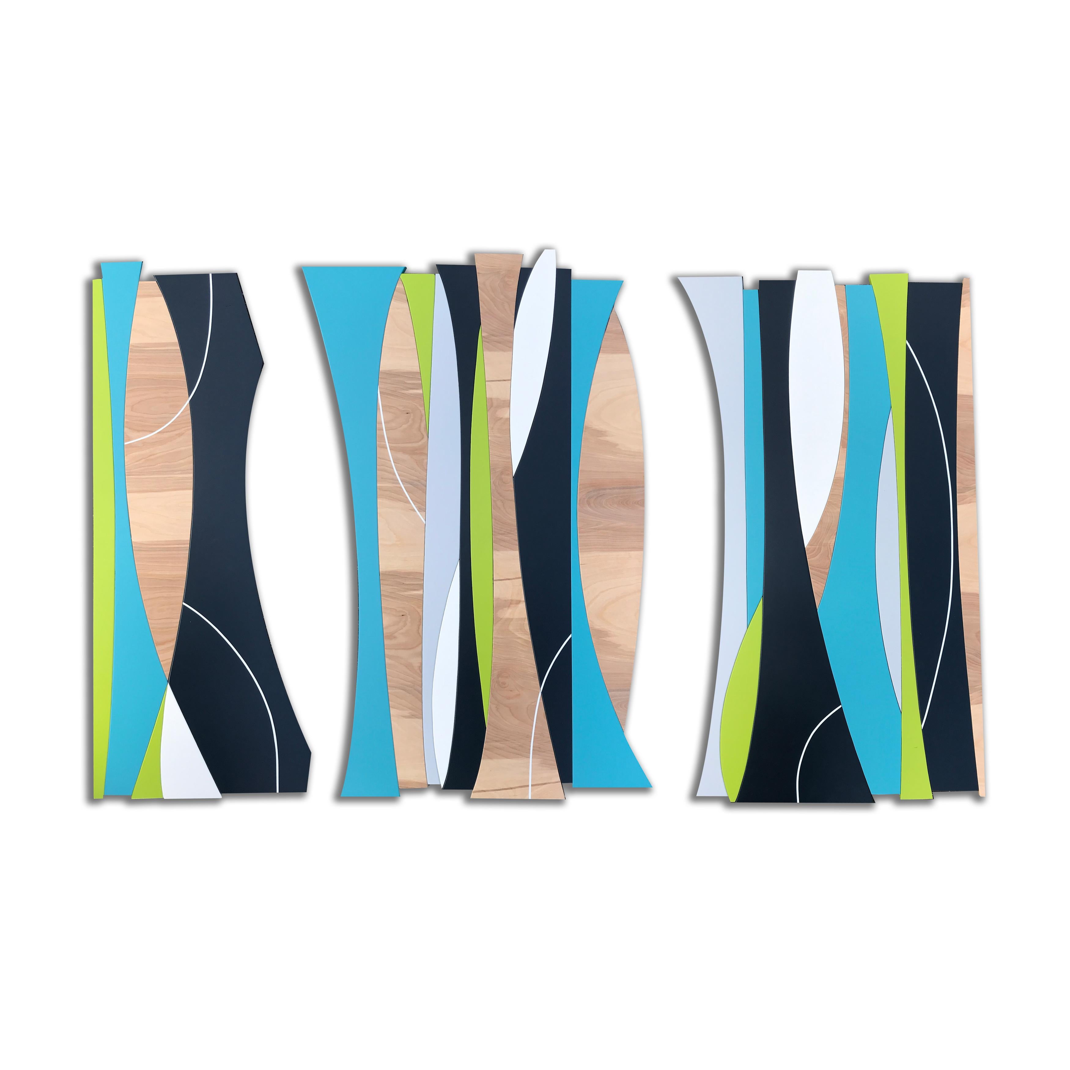 Scott Troxel Abstract Sculpture - "Solar Trees" Wood Wall Sculpture, mid century modern, lime, blue, gray, white