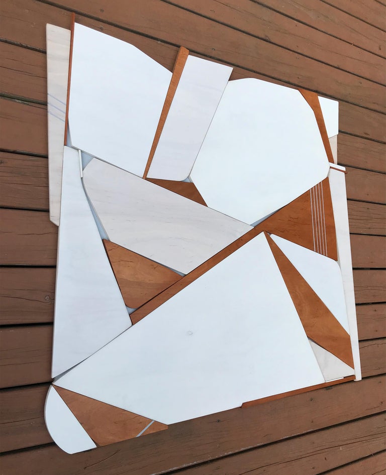 Sparrow (white modern wood wall sculpture, off-white, abstract geometric art) - Minimalist Sculpture by Scott Troxel