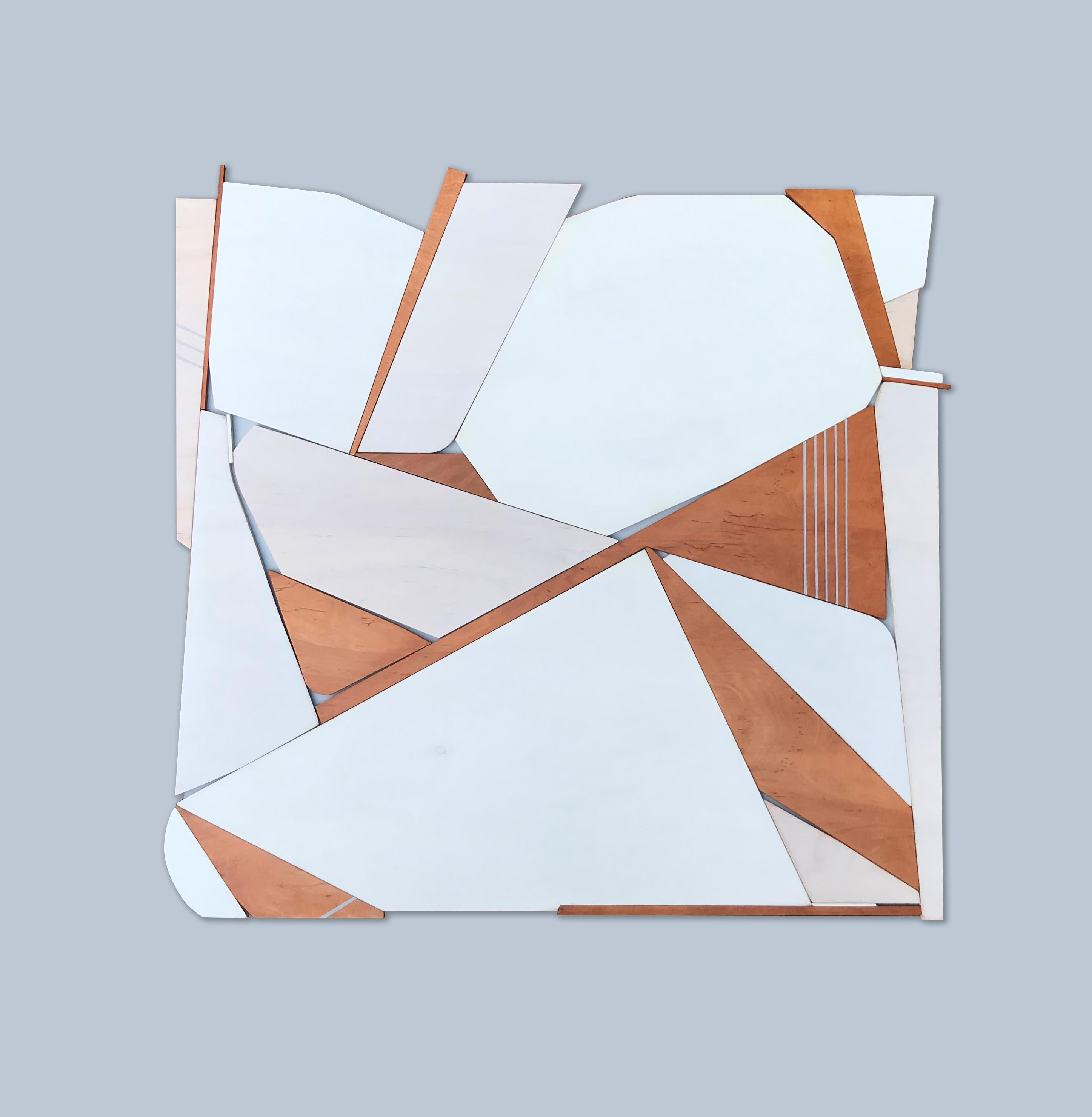 Sparrow (white modern wood wall sculpture, off-white, abstract geometric art) - Brown Abstract Sculpture by Scott Troxel