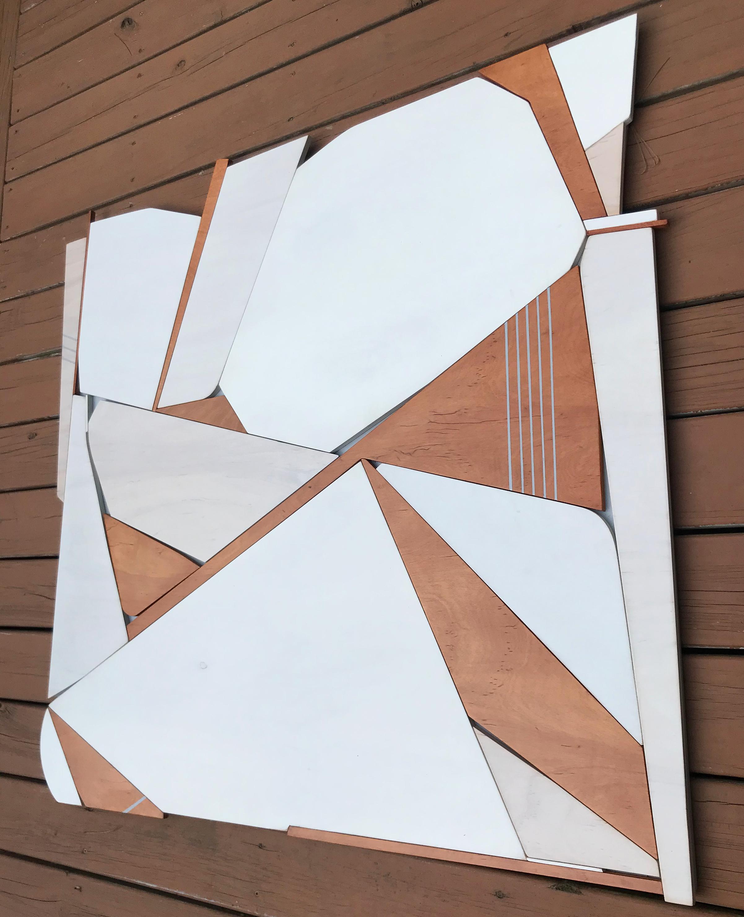 Sparrow (white modern wood wall sculpture, off-white, abstract geometric art) - Abstract Geometric Sculpture by Scott Troxel