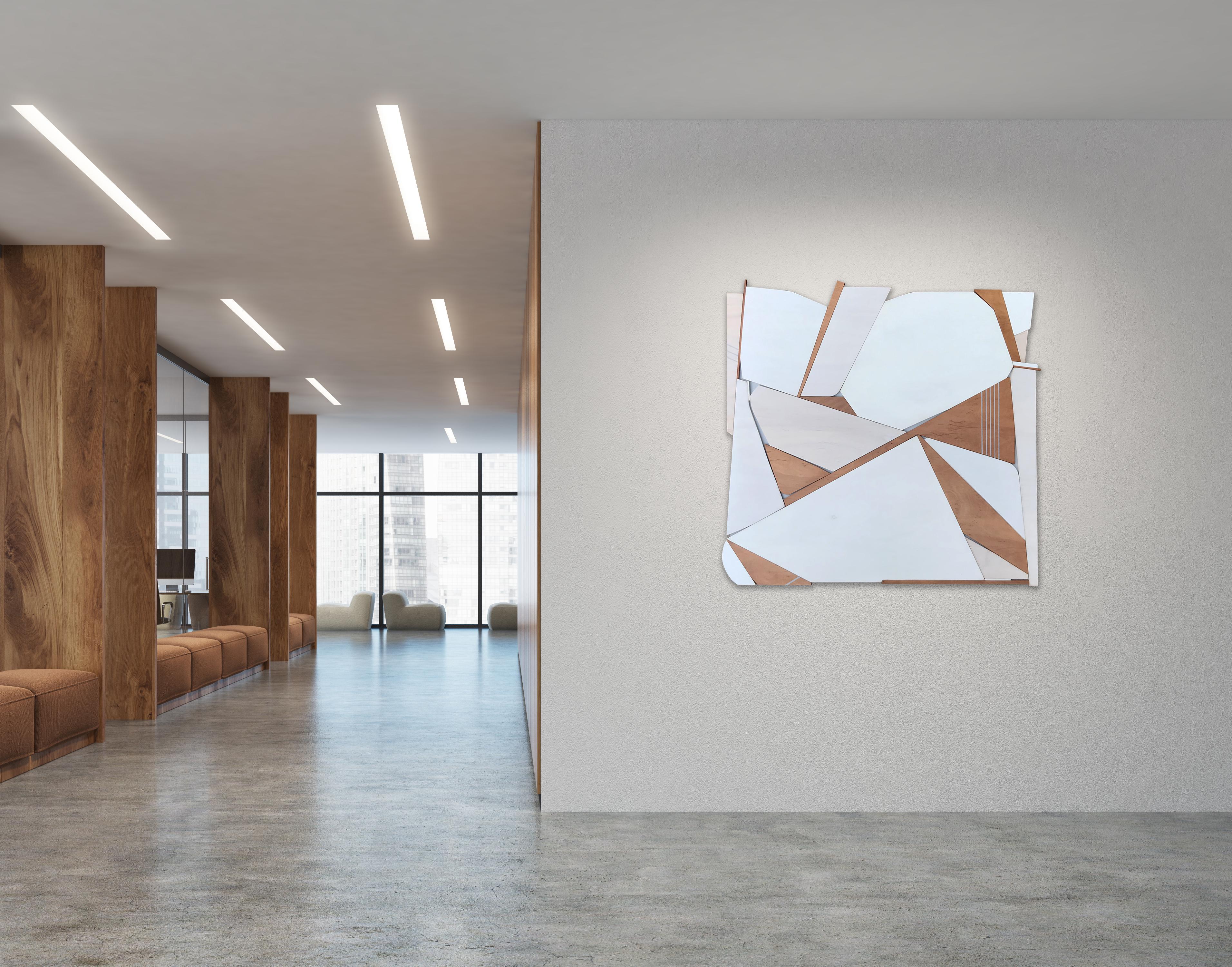 Sparrow (white modern wood wall sculpture, off-white, abstract geometric art) - Minimalist Painting by Scott Troxel