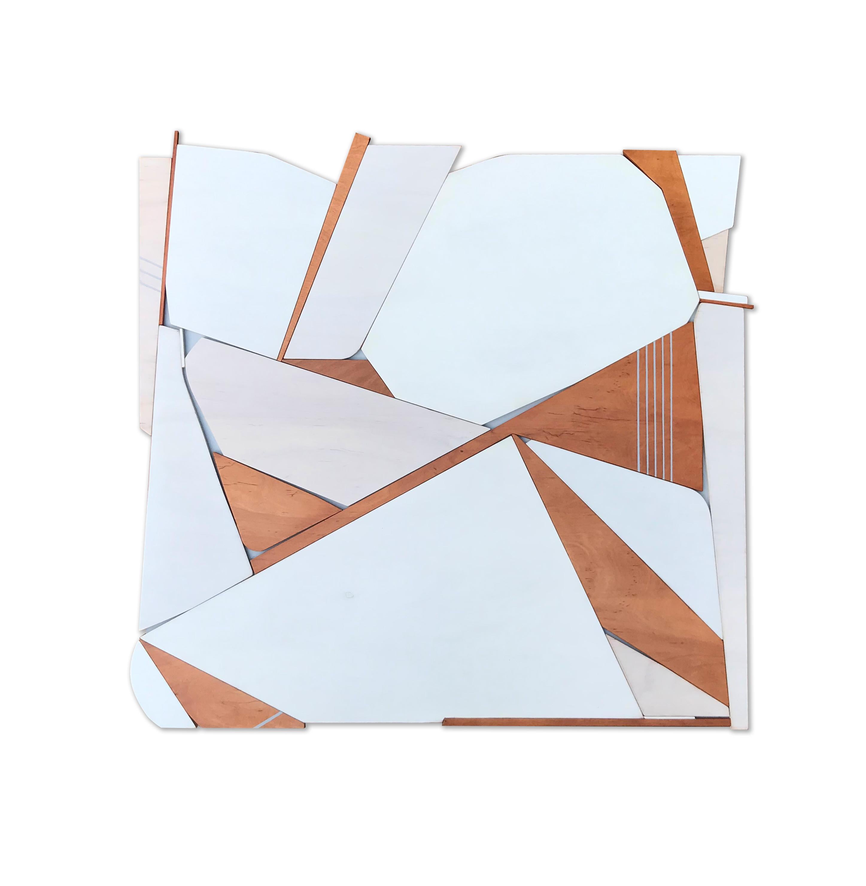 Scott Troxel Abstract Painting - Sparrow (white modern wood wall sculpture, off-white, abstract geometric art)