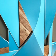"Spinnaker" Mixed Media Wall Sculpture  (Bright blue, wood, white, monochrome)