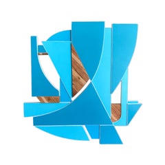 "Escultura de pared en técnica mixta "Spinnaker (Azul brillante, madera, blanco, monocromo)