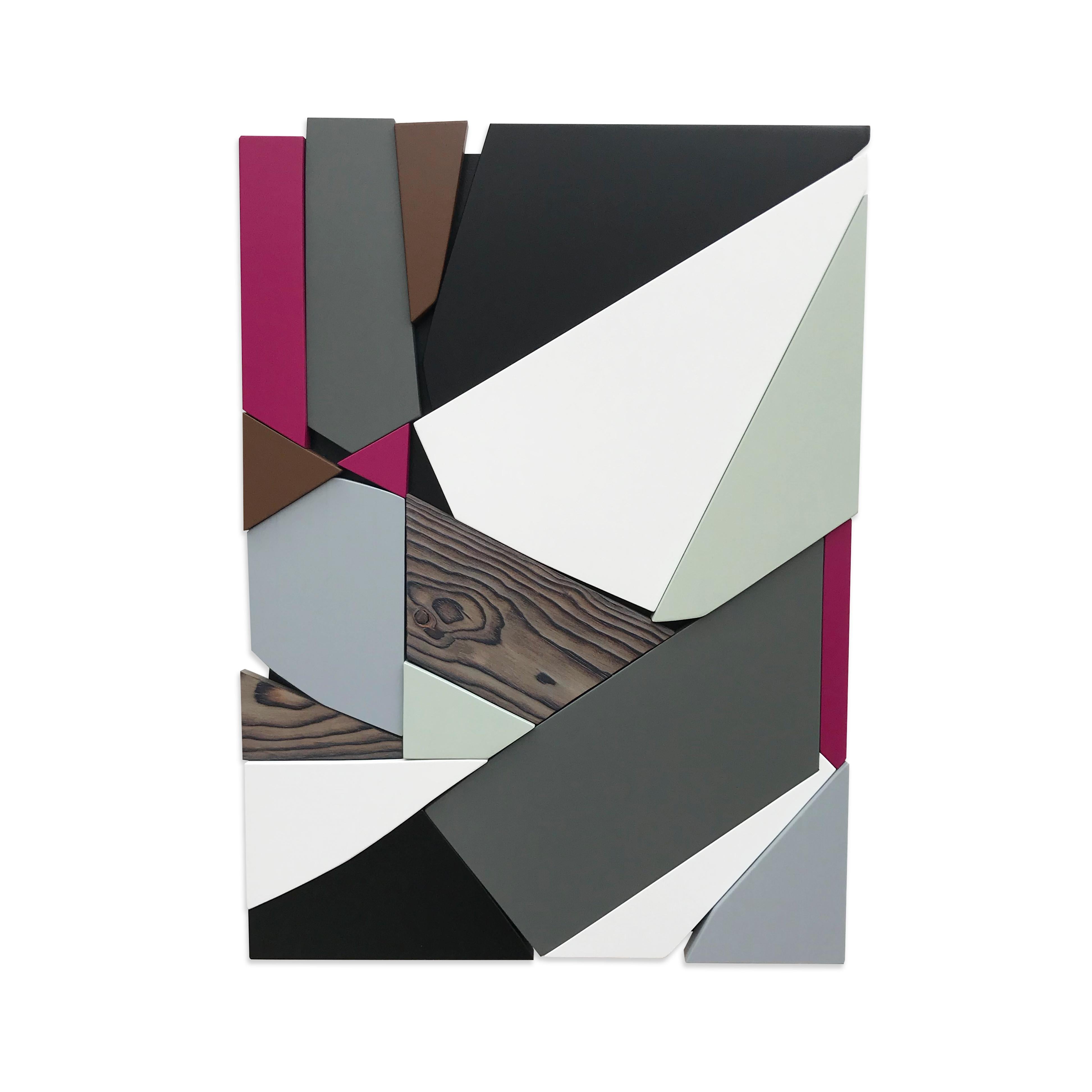 Scott Troxel Abstract Sculpture - "SSB2" Mixed Media Wall Sculpture  (wood, white, black, gray, mint, modern)