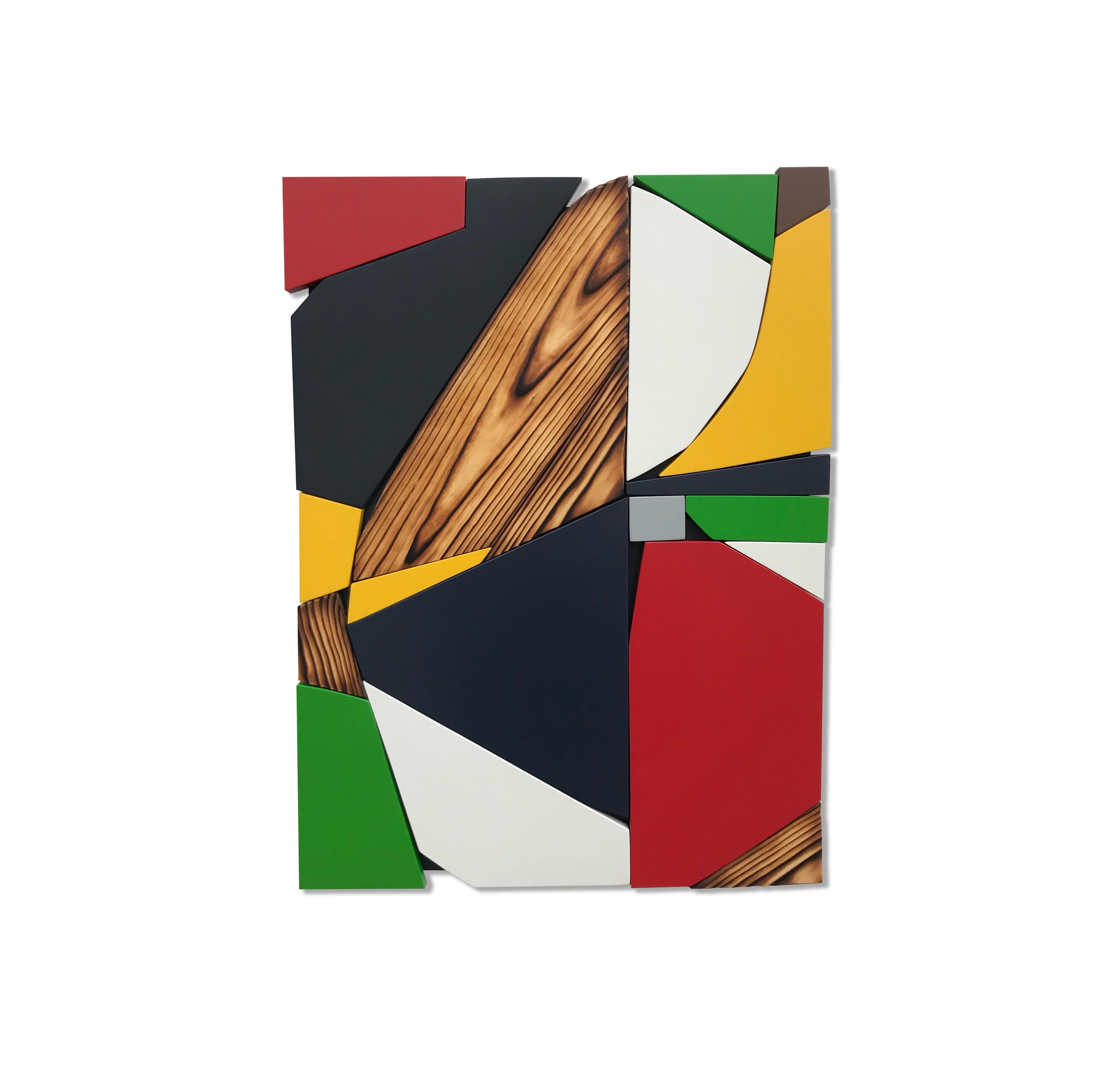 Scott Troxel Abstract Sculpture - "SSB6" Mixed Media Wall Sculpture  (wood, white, yellow, blue, green, navy)