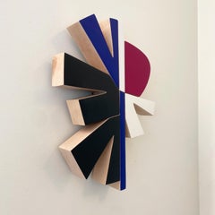 "Starfoil" Escultura de pared-madera, moderna de mediados de siglo, azul marino, rosa, morado, azul mcm