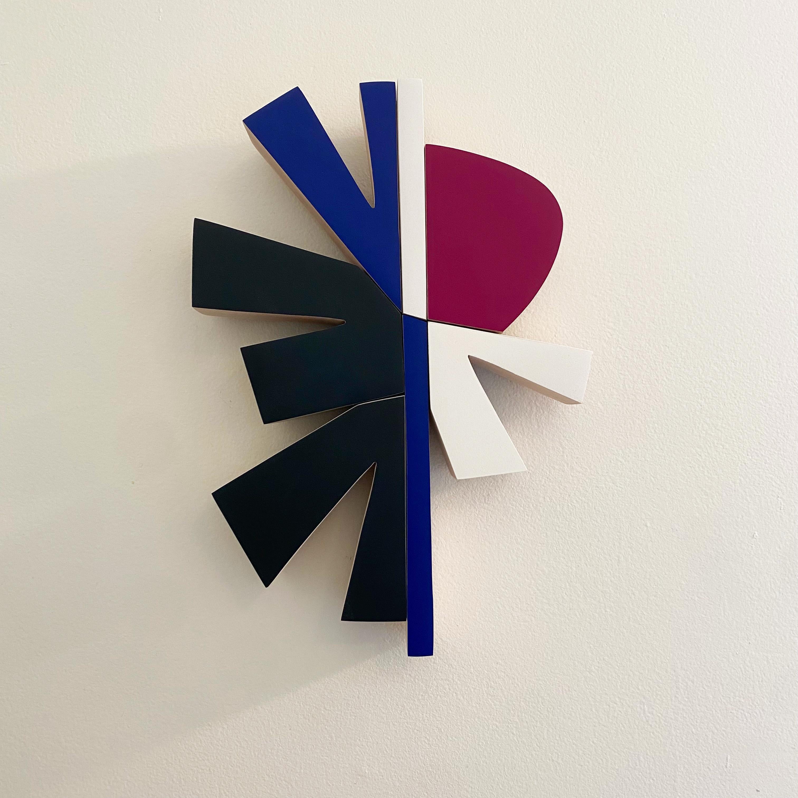 Scott Troxel Abstract Sculpture - "Starfoil" Wall Sculpture-wood, mid century modern, navy, pink, purple, blue mcm