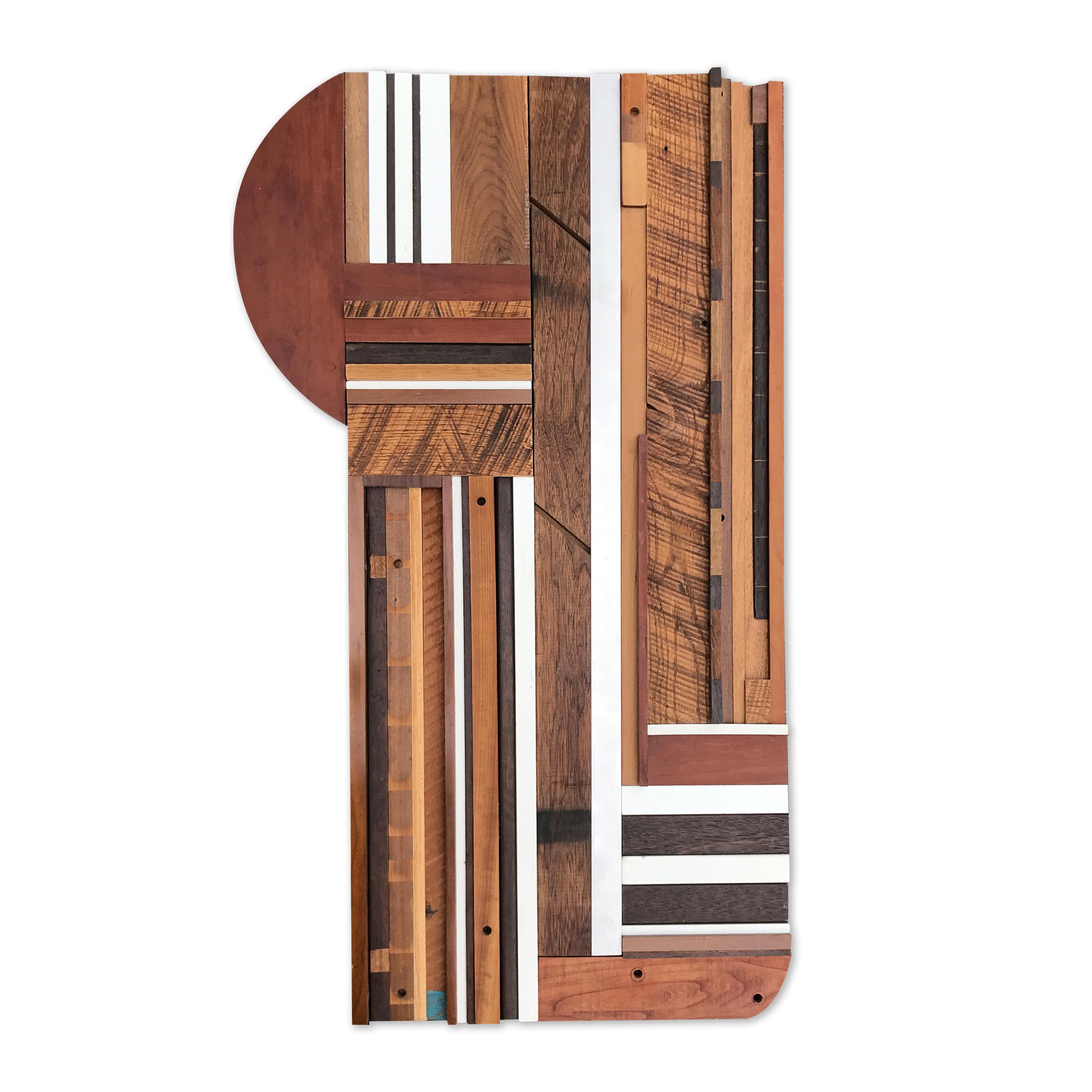 Scott Troxel Abstract Sculpture - "Stout" Wood Wall Sculpture Modern, white, tan, brown rustic, brutalism, upcycle