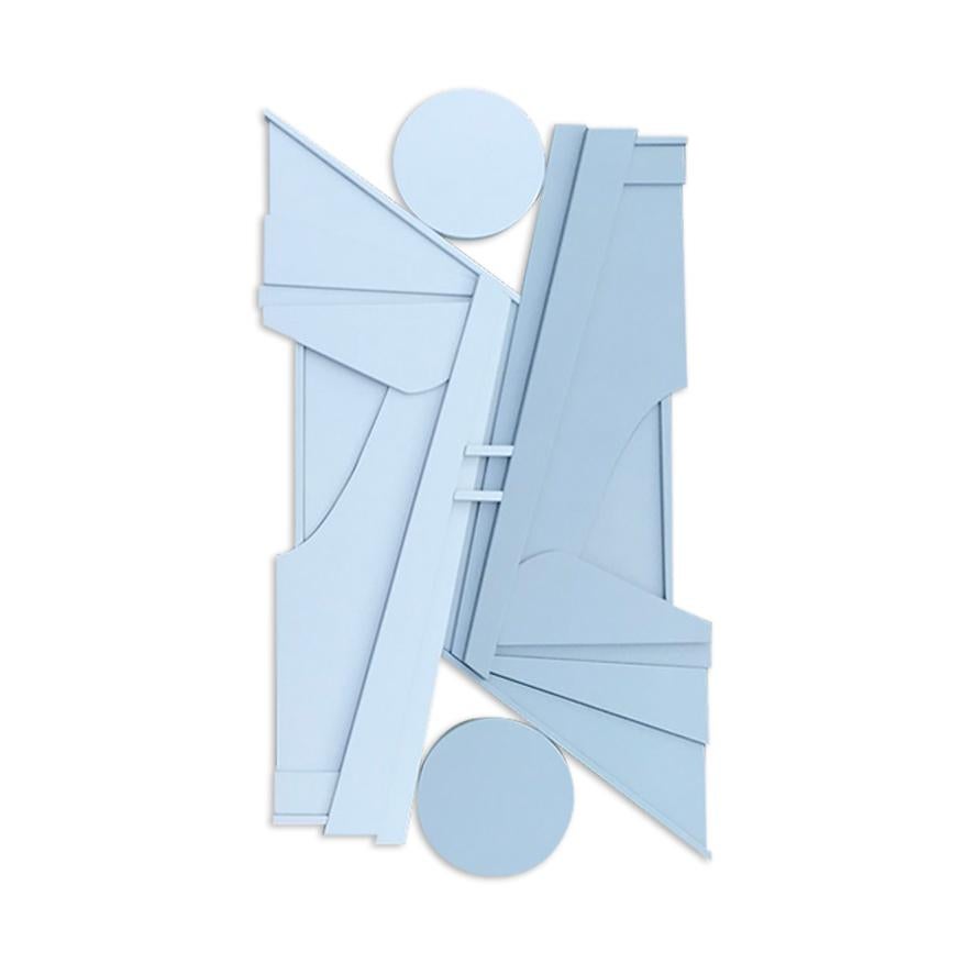 Sculpture murale moderne monochrome bleue, grise, minimalisme « Streamliner II » - Mixed Media Art de Scott Troxel