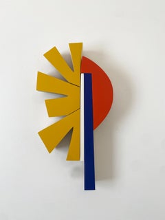 "SunGate" Wall Sculpture- mid century modern, blue, white, yellow, orange, mcm