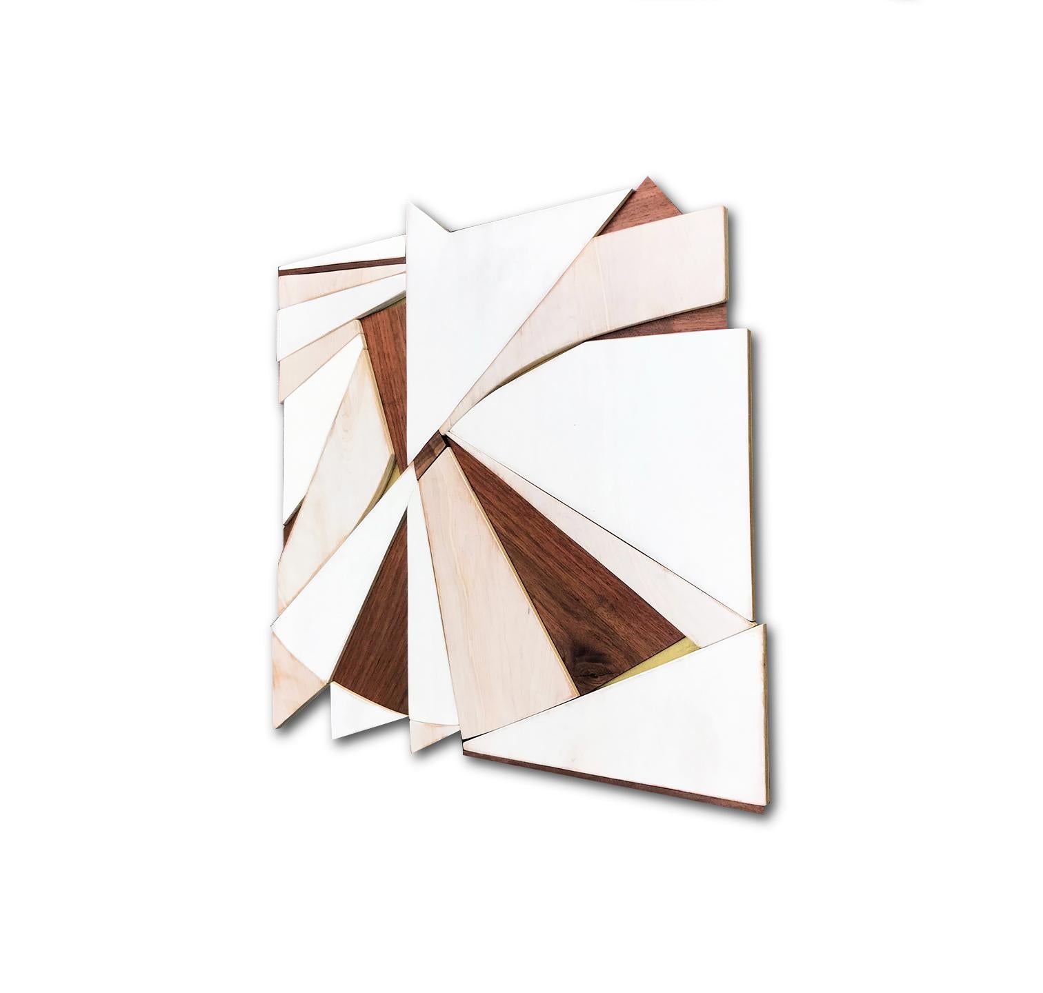 
Tarkka is an aggressive, angular minimalist, monochromatic contemporary wall sculpture. It is constructed with birch panels, acrylic washes, walnut hardwood and completed with a semi-gloss lacquer distressed finish. The acrylic wash allows the wood