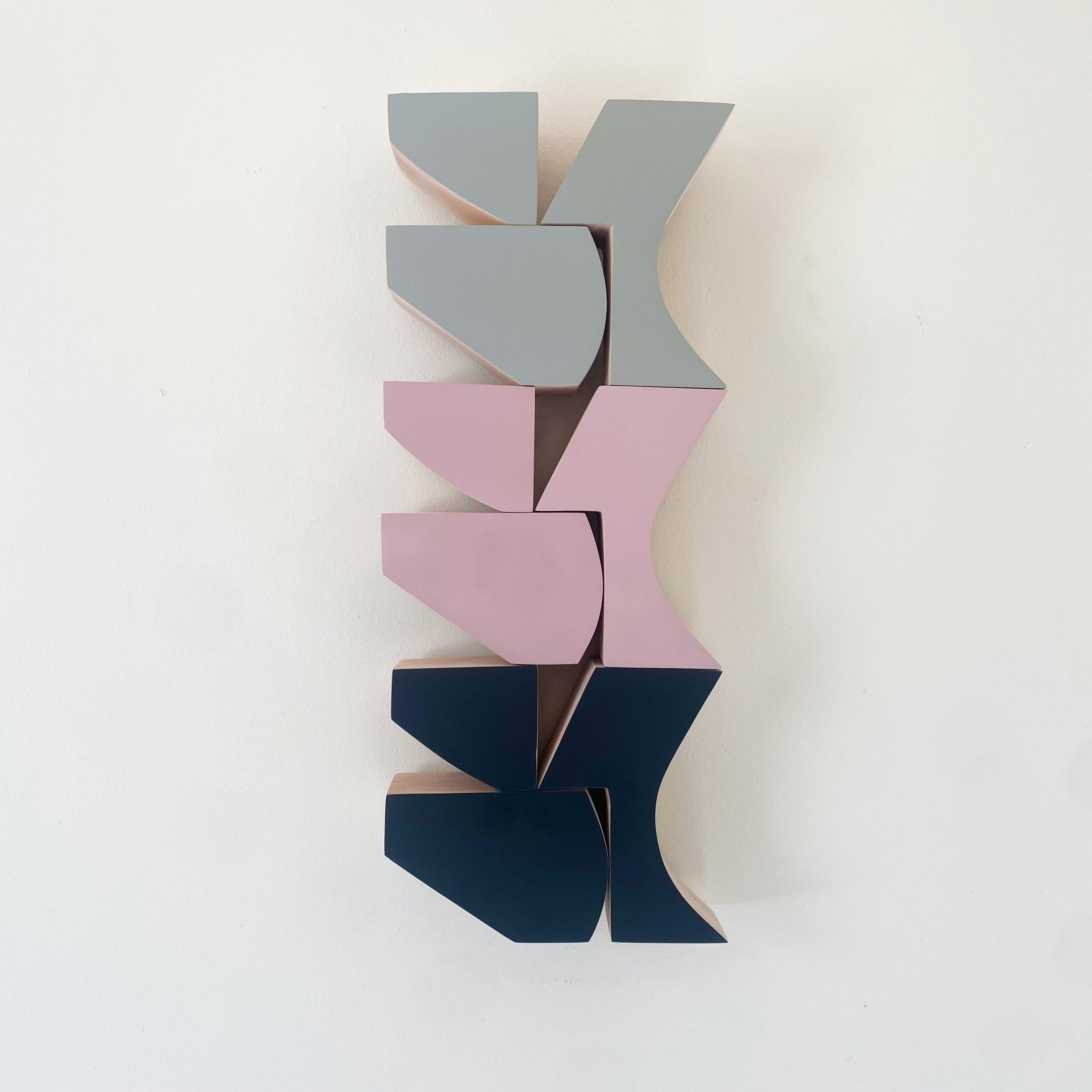 Scott Troxel Abstract Sculpture - "Three" Wall Sculpture mid century modern, gray, pink, navy, wood, mcm