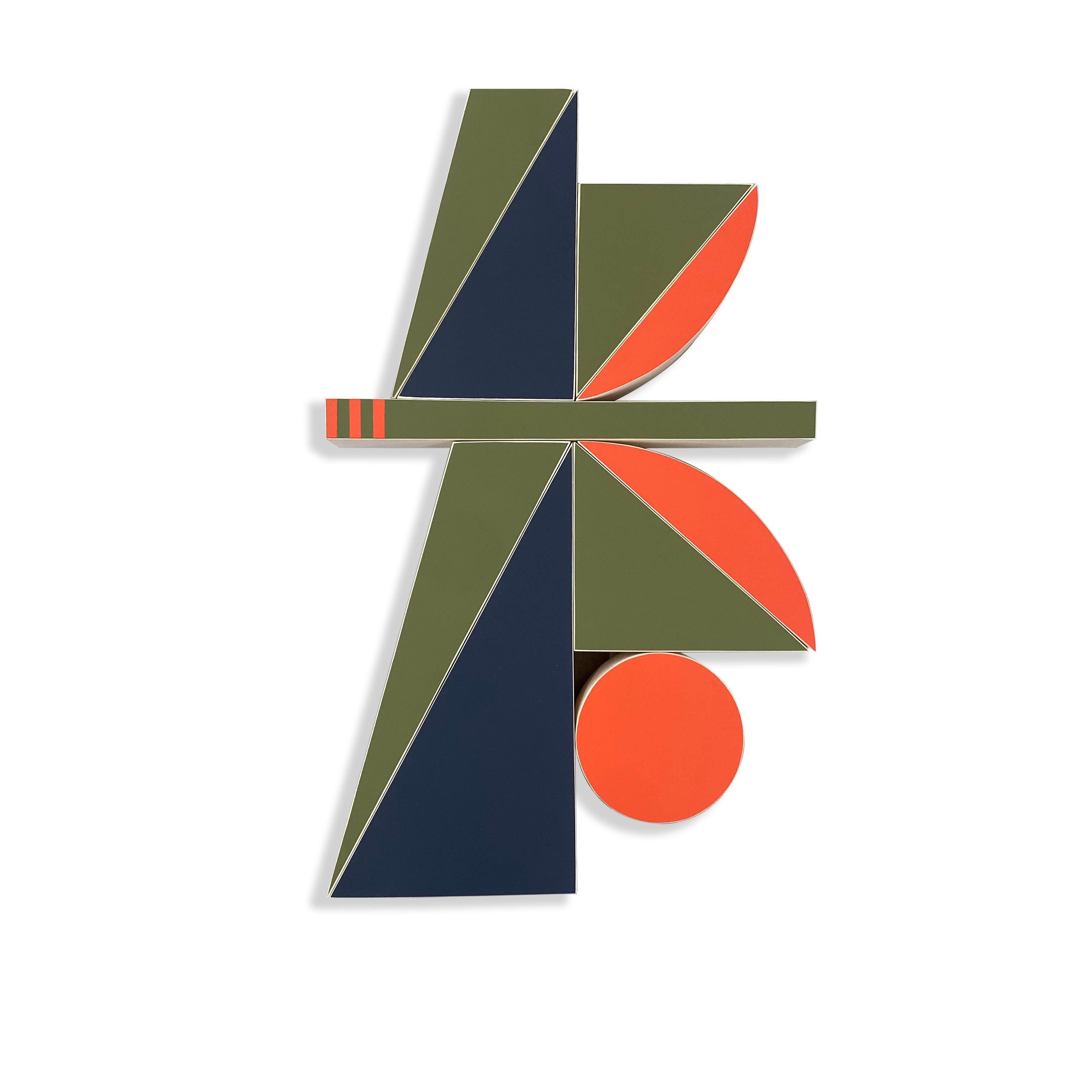 „Toucan“ Wandskulptur Mid-Century Modern, Modernismus, Marineblau, Orange, Grün – Mixed Media Art von Scott Troxel