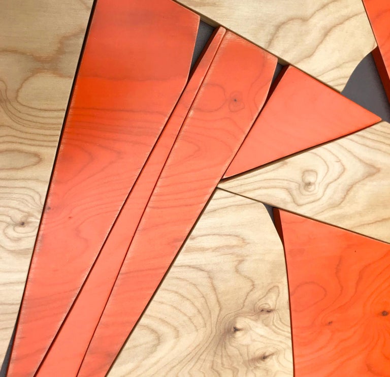 Transponder (orange mid-modern wood wall sculpture, abstract geometric art) - Sculpture by Scott Troxel