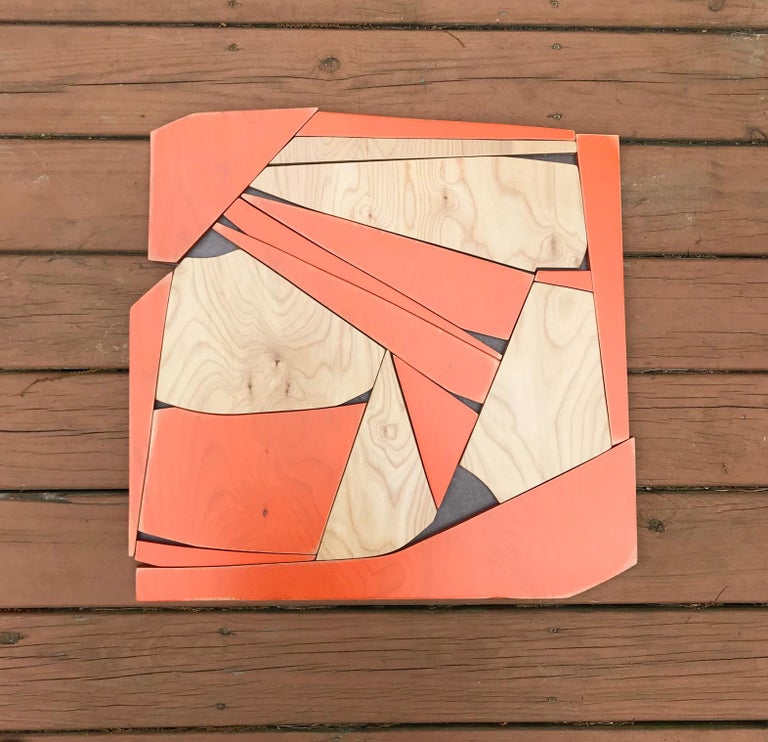 Transponder (orange mid-modern wood wall sculpture, abstract geometric art) - Minimalist Sculpture by Scott Troxel