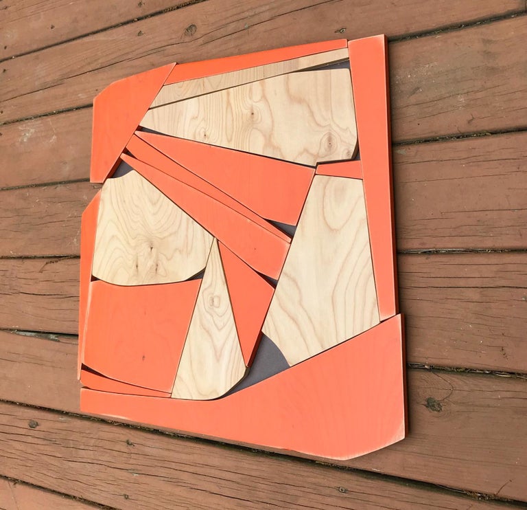 Transponder (orange mid-modern wood wall sculpture, abstract geometric art) - Brown Abstract Sculpture by Scott Troxel