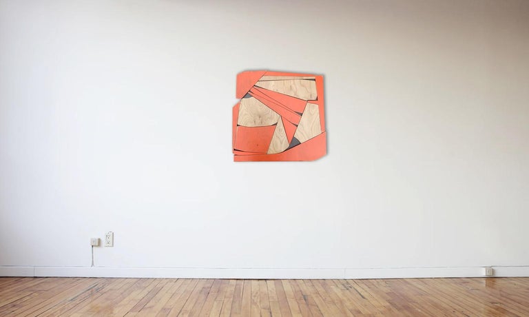 Transponder is a low relief wall sculpture made with bright orange latex washes on birch
finished with satin lacquer. It is mounted on a MDF backer that is finished with matte
metallic chestnut enamel. The finish of the orange paint is