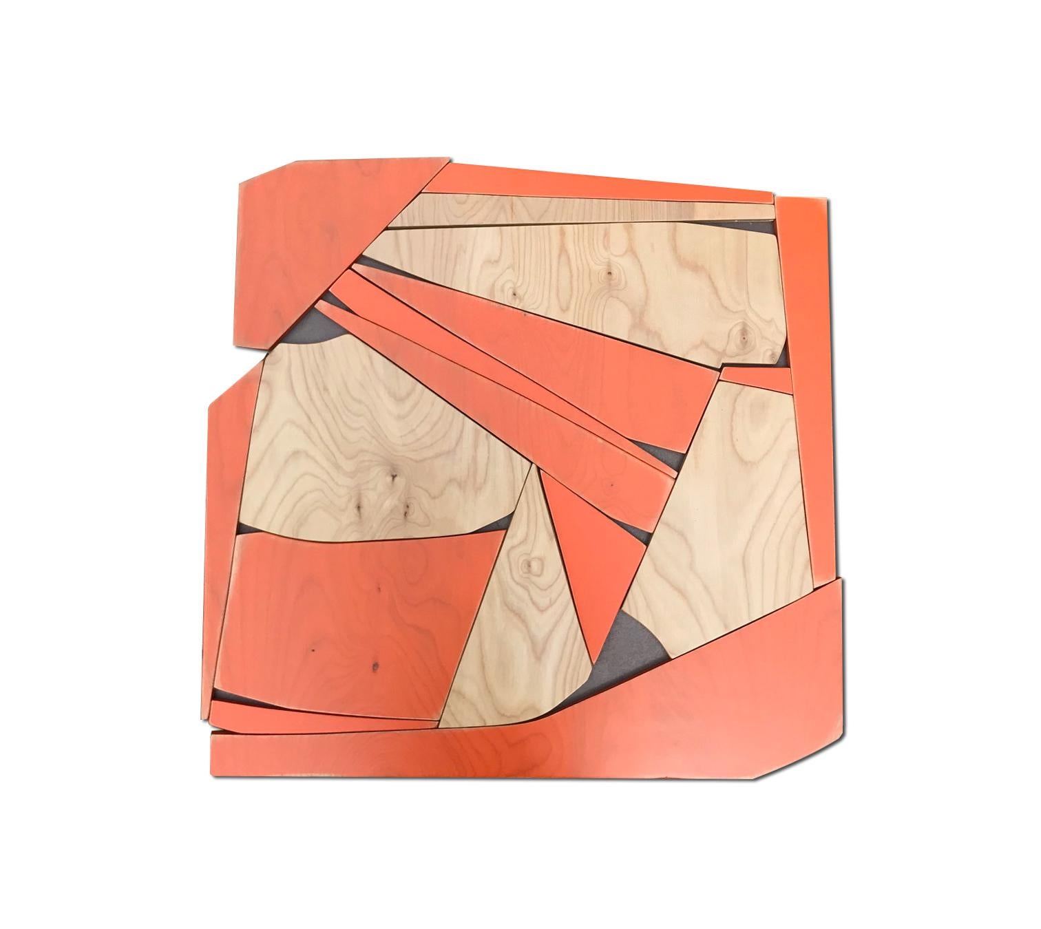 Transponder (orange mid-modern wood wall sculpture, abstract geometric art)