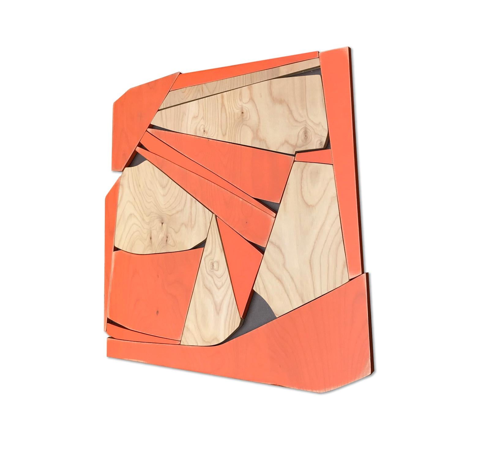 Transponder ist eine Flachrelief-Wandskulptur, die mit leuchtend orangefarbenen Latexwaschungen auf satiniertem Birkenholz hergestellt wurde. Es ist auf einem MDF-Träger montiert, der mit einer matten Kastanienmetallic-Emaillierung versehen ist. Das