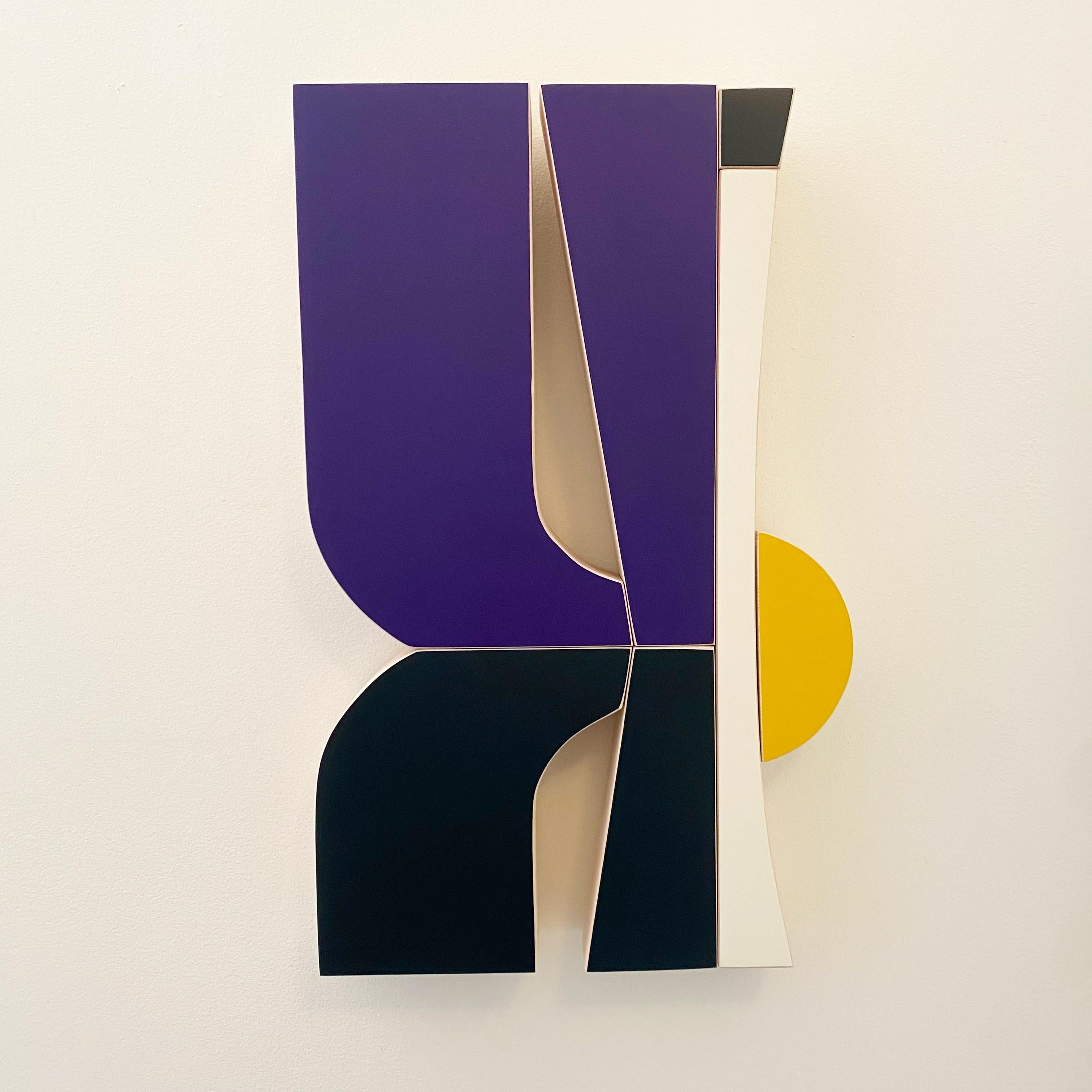 Scott Troxel Abstract Sculpture - "Tuxedo" Wall Sculpture- mid century modern, blue, white, navy, yellow, Stella