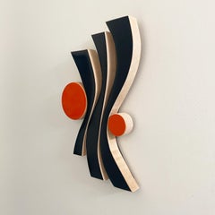 Sculpture murale « Wave Blue » en bois, orange, rouge, bleu marine, modernisme, milieu du siècle