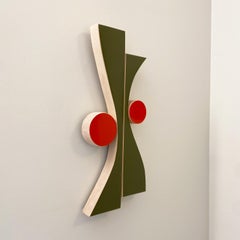 "WavyOlive" Wall Sculpture-wood, orange, red, green, modernism, mid century, mcm