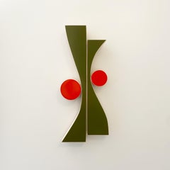 "WavyOlive" Wall Sculpture-wood, orange, red, green, modernism, mid century, mcm