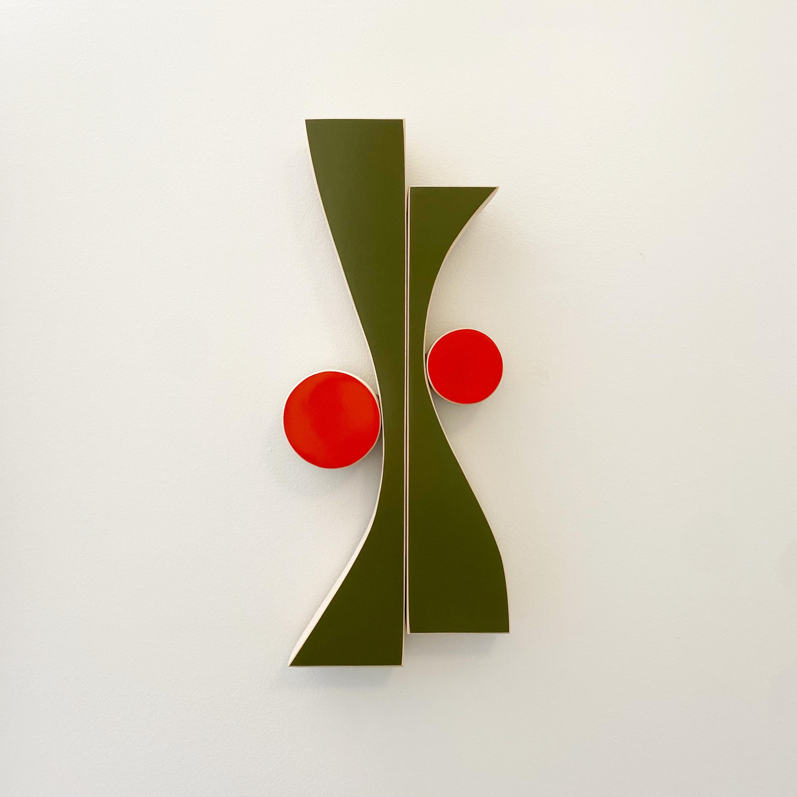 "WavyOlive" Wall Sculpture-wood, orange, red, green, modernism, mid century, mcm