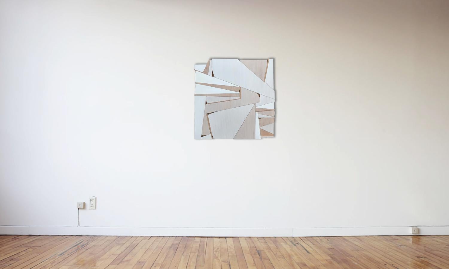 Zigzag II (modern abstract wall sculpture minimal geometric design neutrals wood - Brown Abstract Sculpture by Scott Troxel