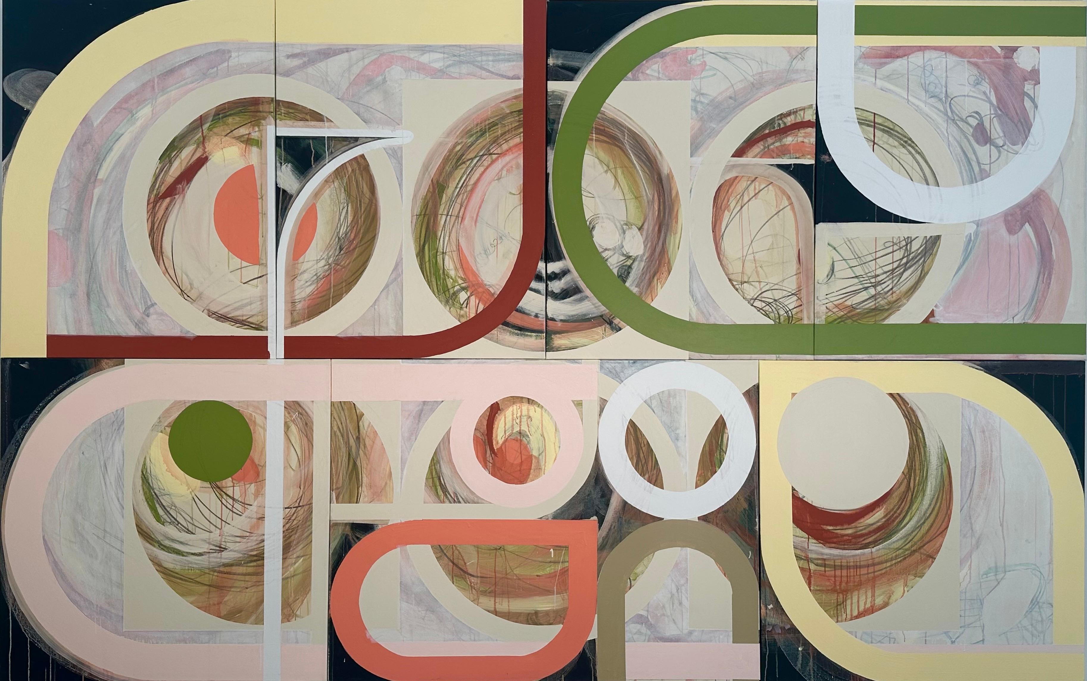 In Inside Out, Scott VanderVoort upends his own visual language. Known for his austere monochromes and formal devotion to the square and circle, VanderVoort breaks new ground in this expansive 7-panel painting. Rich with layered color and charged