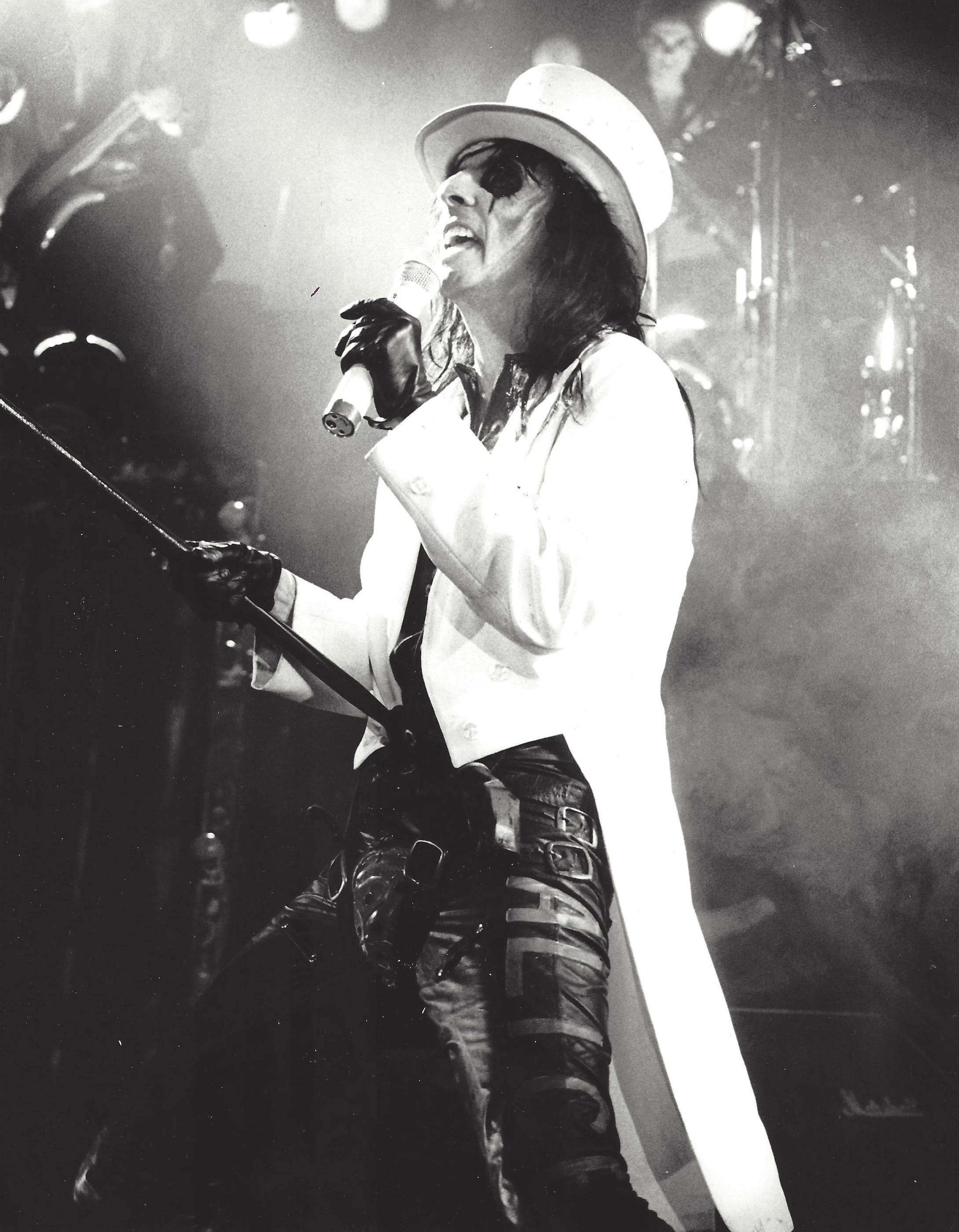 Scott Weiner Black and White Photograph - Alice Cooper Performing in White Vintage Original Photograph