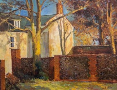 "English Shadows"  Impressionist painting autumn stone wall house UK