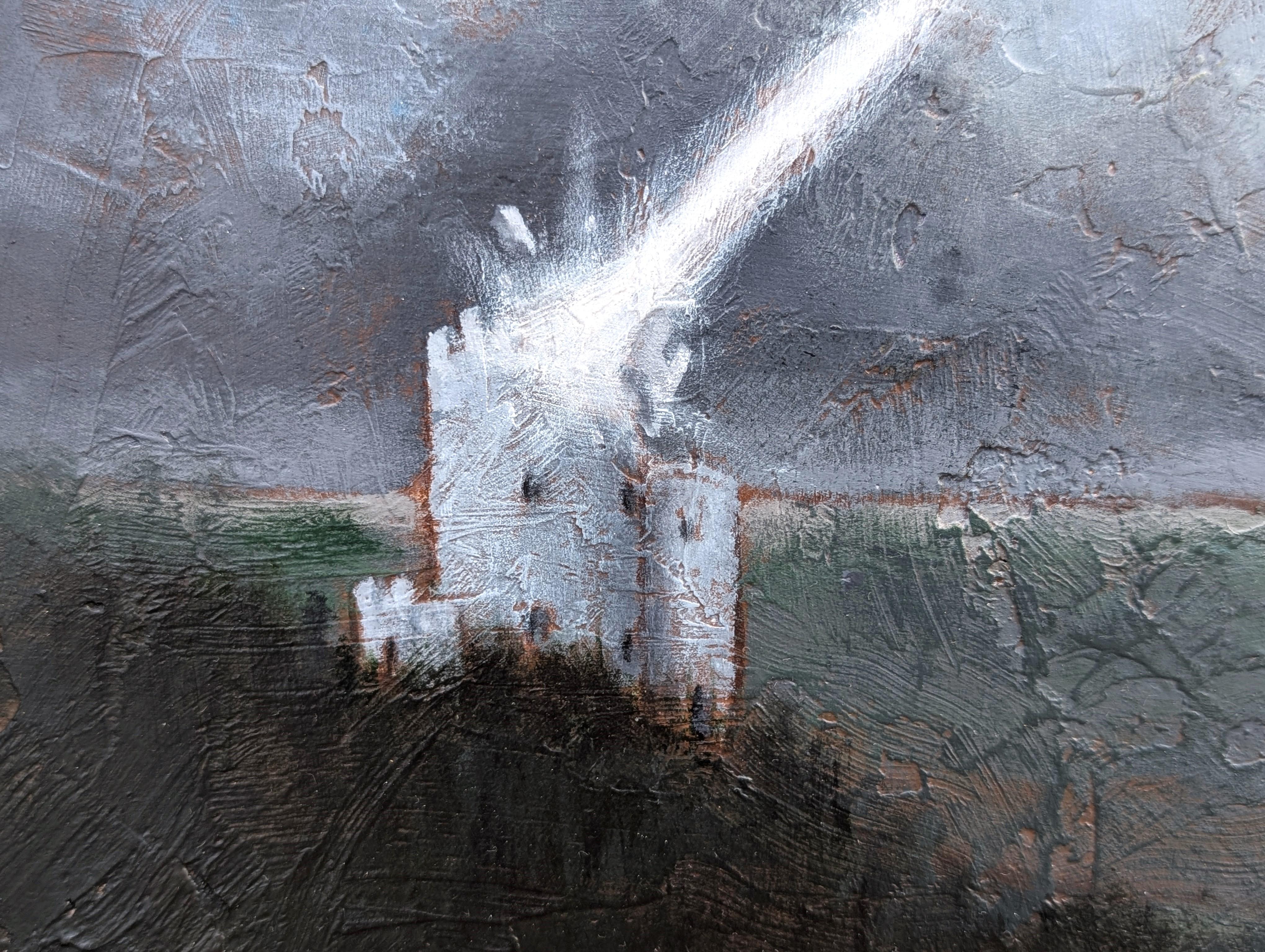 Paesaggio realistico surreale contemporaneo dipinto da alieni dall'artista locale di Houston, TX, Scott Woodard. L'opera presenta un UFO che spara un raggio su una struttura di un castello nella campagna. Firmato, intitolato e datato sul retro.