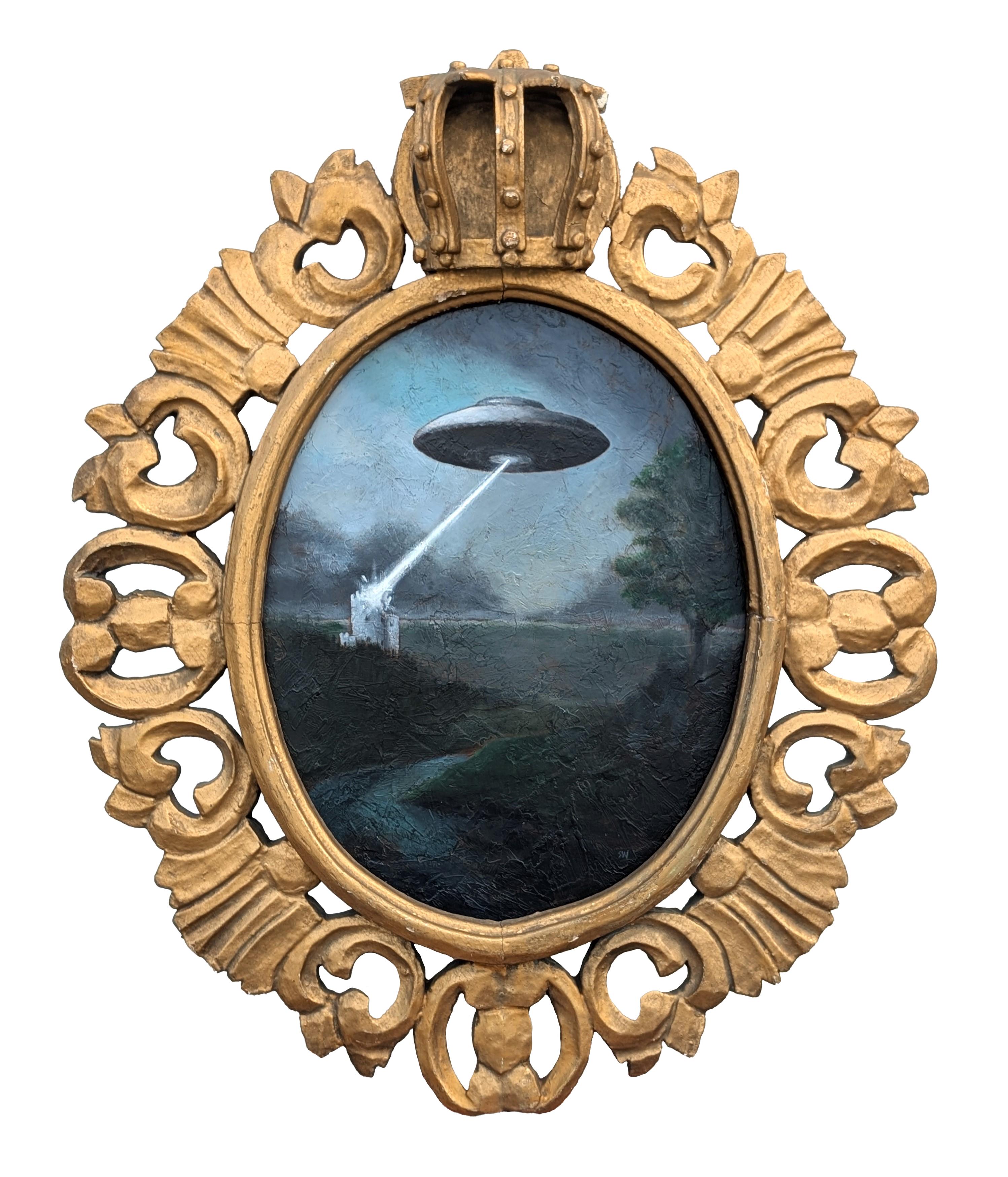 Figurative Painting di Scott Woodard - "Avvistamento del 1807 a Bonnybridge" Pittura contemporanea surrealista di paesaggi UFO