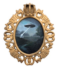 "Avvistamento del 1807 a Bonnybridge" Pittura contemporanea surrealista di paesaggi UFO