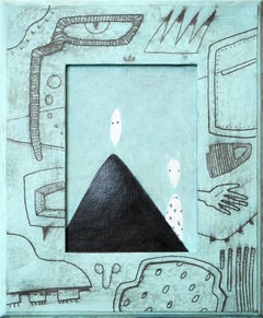 “2Duo with Totem Frame” Aqua and Black Contemporary Surrealist Painting