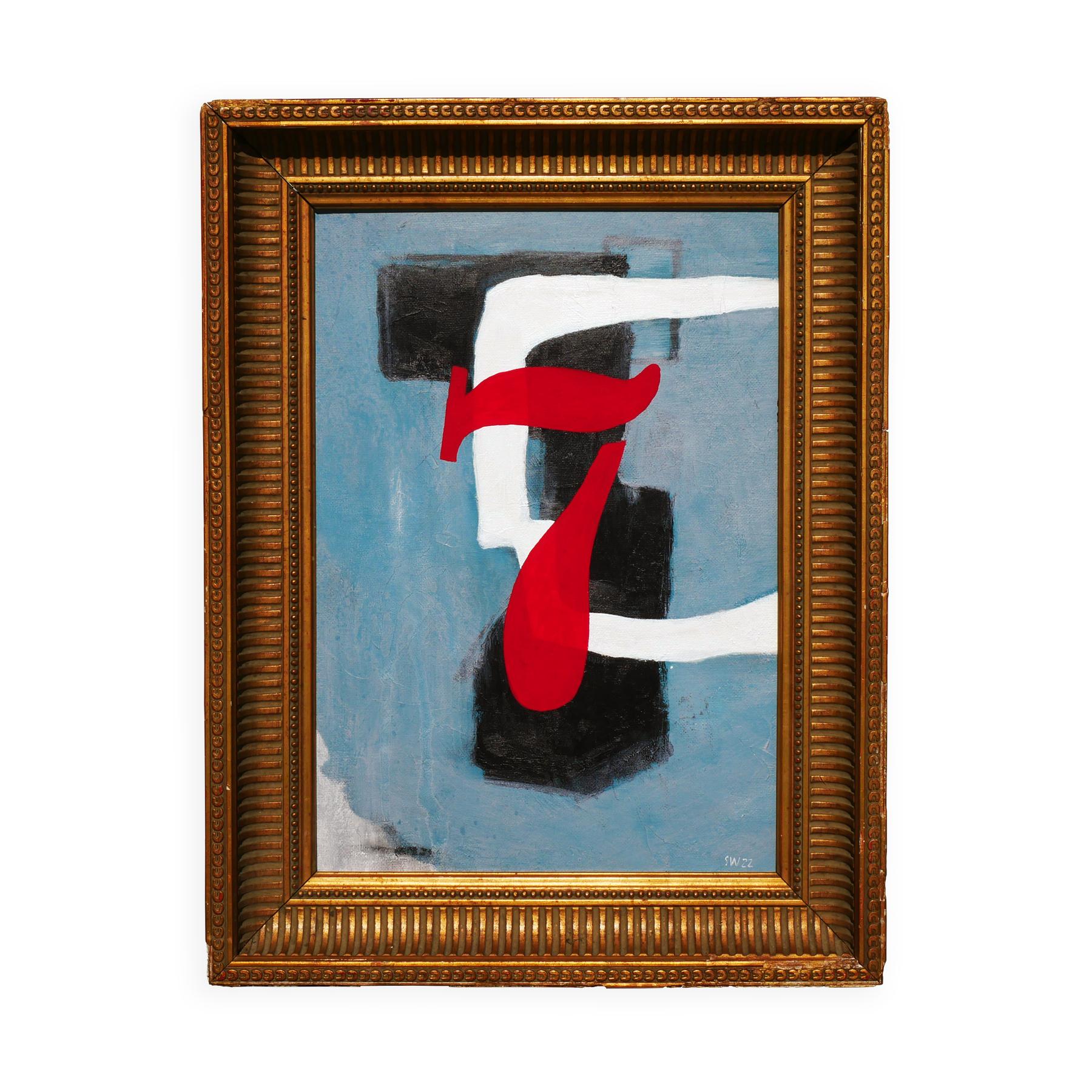 Red, blue, white, and black abstract contemporary painting by Houston, TX artist Scott Woodard. This piece depicts the lucky number 7 in two different typefaces overlapping against a dull blue background. Signed by the artist at the bottom right.