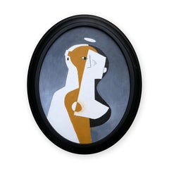 “All Saints Day” Black, White, & Yellow Surrealist Figure Oval Painting