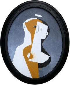 “All Saints Day” Black, White, & Yellow Surrealist Figure Oval Painting