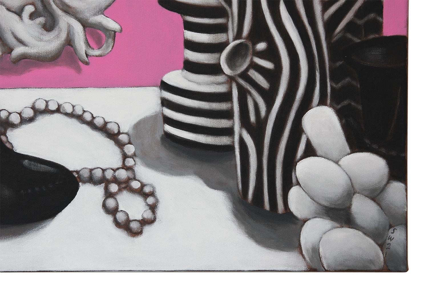 “Big Eyes Still Life” Pink Toned Contemporary Realist Still Life Painting - Gray Interior Painting by Scott Woodard