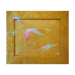 "Birds on Gold" Gold, Pink, Teal, and White Abstract Birds Painting