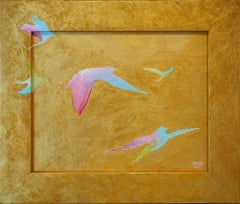 "Birds on Gold" Gold, Pink, Teal, and White Abstract Birds Painting