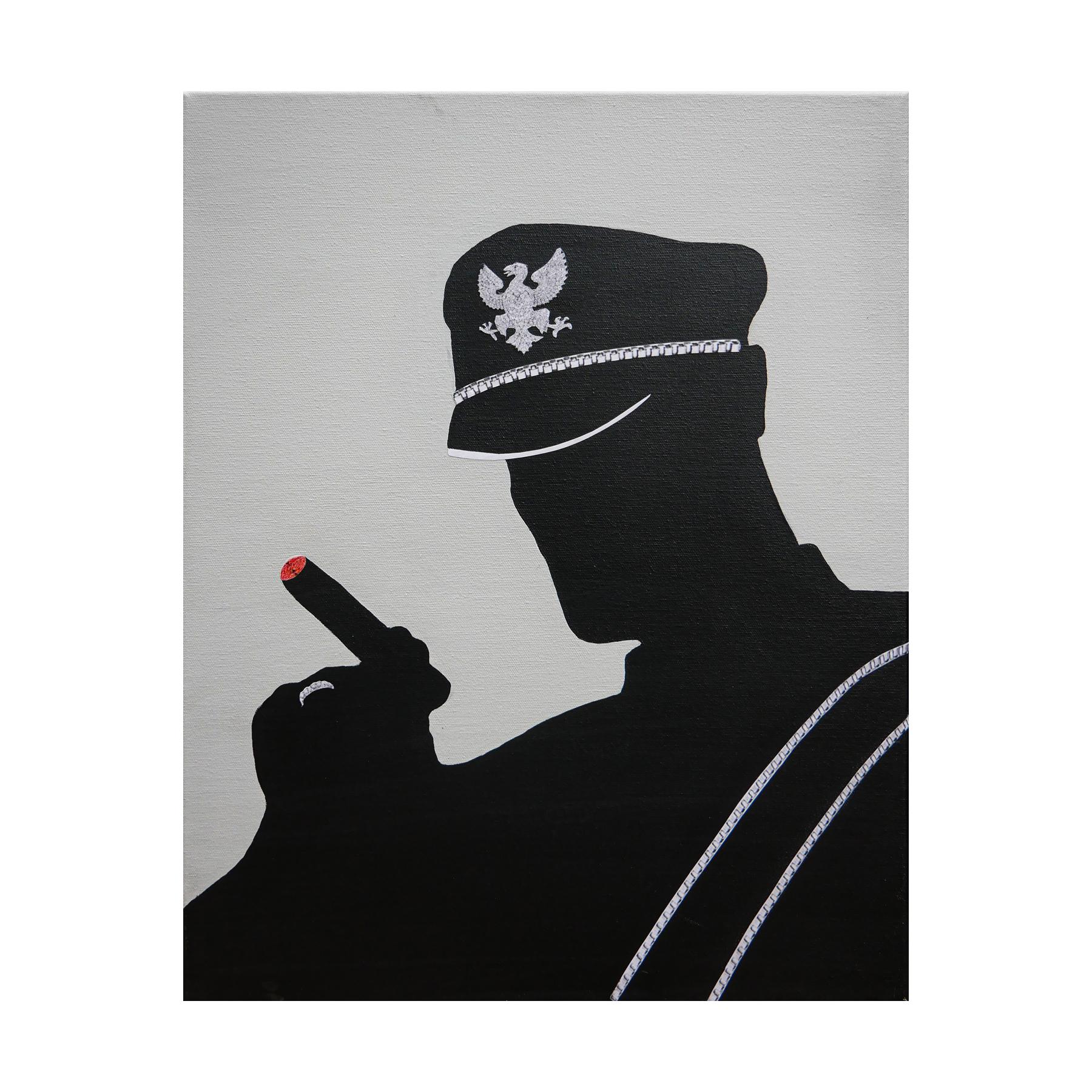„Brock“ Graues & schwarzes abstraktes surrealistisches figuratives Gemälde eines Mannes mit Tabak – Painting von Scott Woodard